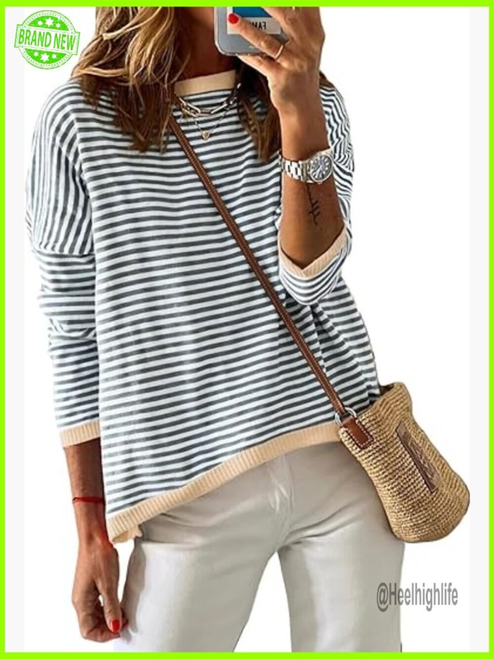 Long Sleeve Striped Pullover Sweater High Low Casual Cotton Top